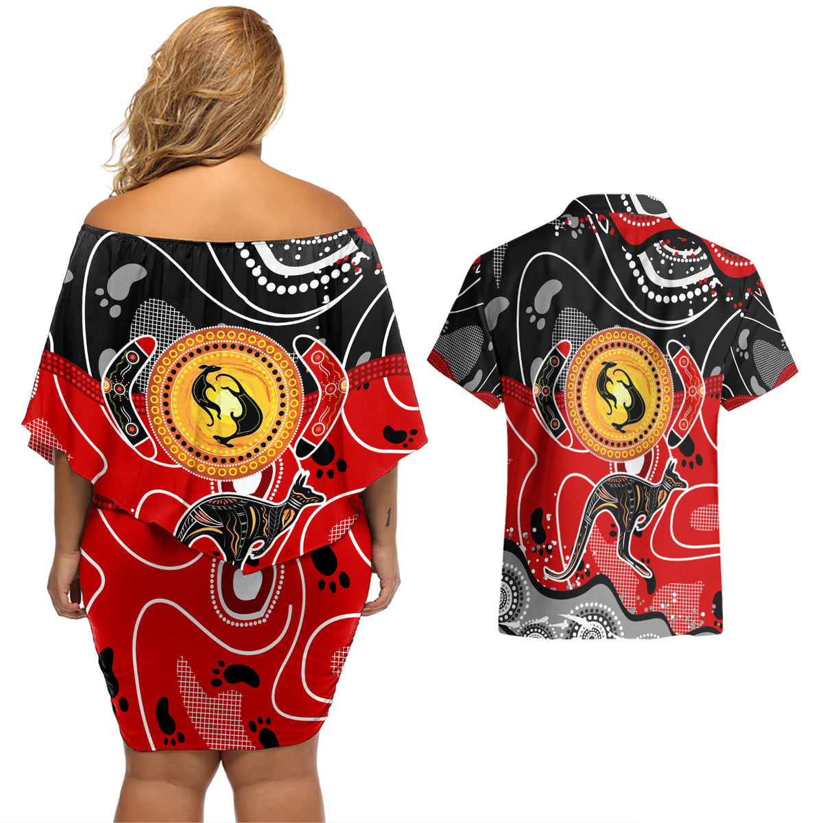 Aboriginal Flag Style Dot Art And Abstract Kangaroo Couples Matching Off Shoulder Short Dress and Hawaiian Shirt - Wonder Print Shop