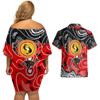 Aboriginal Flag Style Dot Art And Abstract Kangaroo Couples Matching Off Shoulder Short Dress and Hawaiian Shirt - Wonder Print Shop