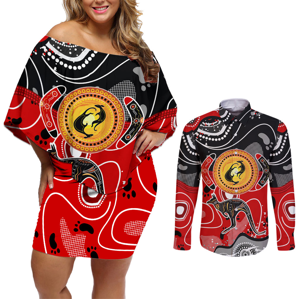 Aboriginal Flag Style Dot Art And Abstract Kangaroo Couples Matching Off Shoulder Short Dress and Long Sleeve Button Shirt - Wonder Print Shop
