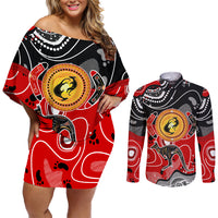 Aboriginal Flag Style Dot Art And Abstract Kangaroo Couples Matching Off Shoulder Short Dress and Long Sleeve Button Shirt - Wonder Print Shop