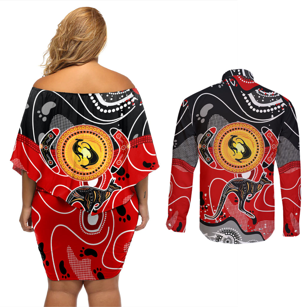 Aboriginal Flag Style Dot Art And Abstract Kangaroo Couples Matching Off Shoulder Short Dress and Long Sleeve Button Shirt - Wonder Print Shop