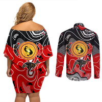 Aboriginal Flag Style Dot Art And Abstract Kangaroo Couples Matching Off Shoulder Short Dress and Long Sleeve Button Shirt - Wonder Print Shop