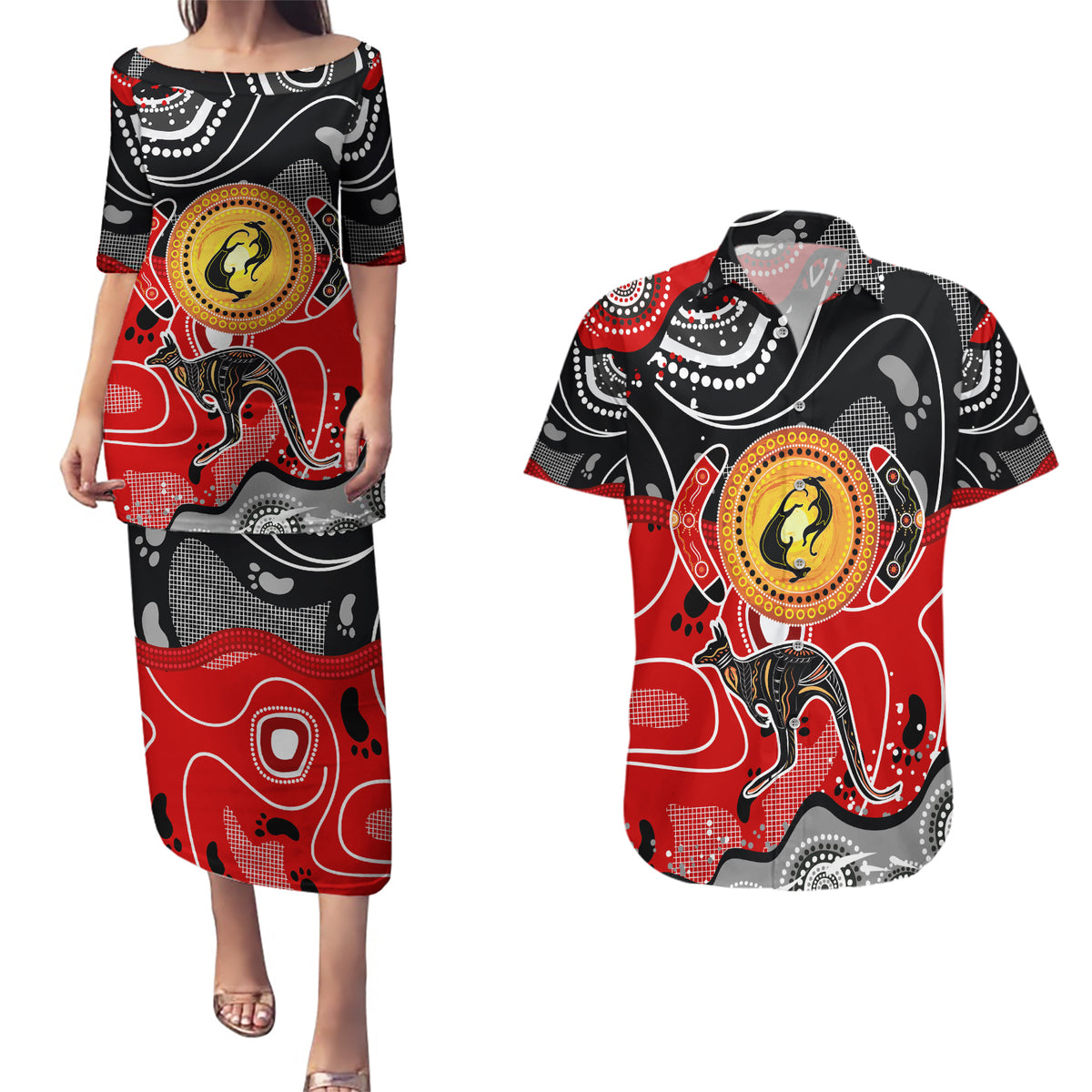 Aboriginal Flag Style Dot Art And Abstract Kangaroo Couples Matching Puletasi and Hawaiian Shirt - Wonder Print Shop