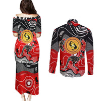 Aboriginal Flag Style Dot Art And Abstract Kangaroo Couples Matching Puletasi and Long Sleeve Button Shirt - Wonder Print Shop