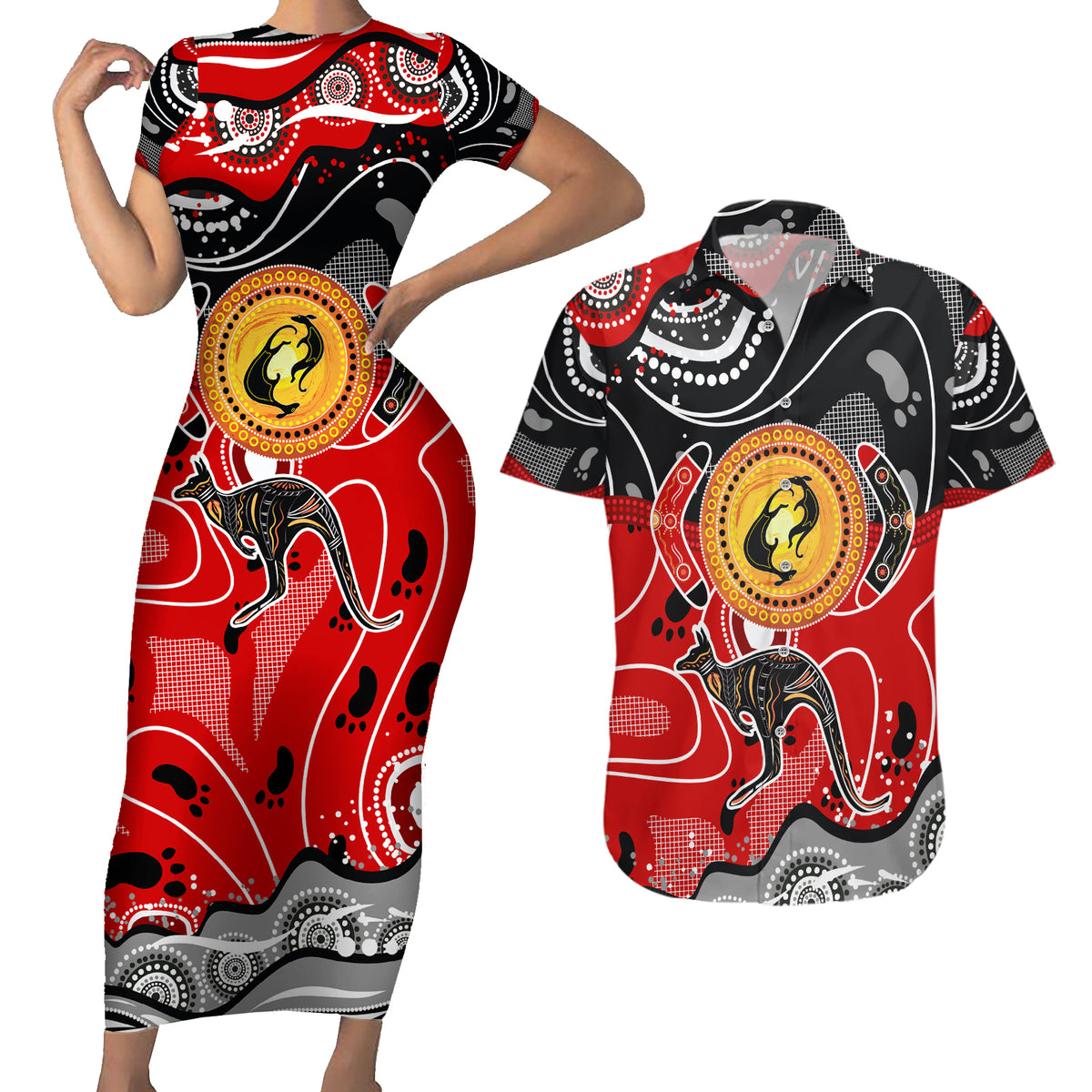 Aboriginal Flag Style Dot Art And Abstract Kangaroo Couples Matching Short Sleeve Bodycon Dress and Hawaiian Shirt - Wonder Print Shop
