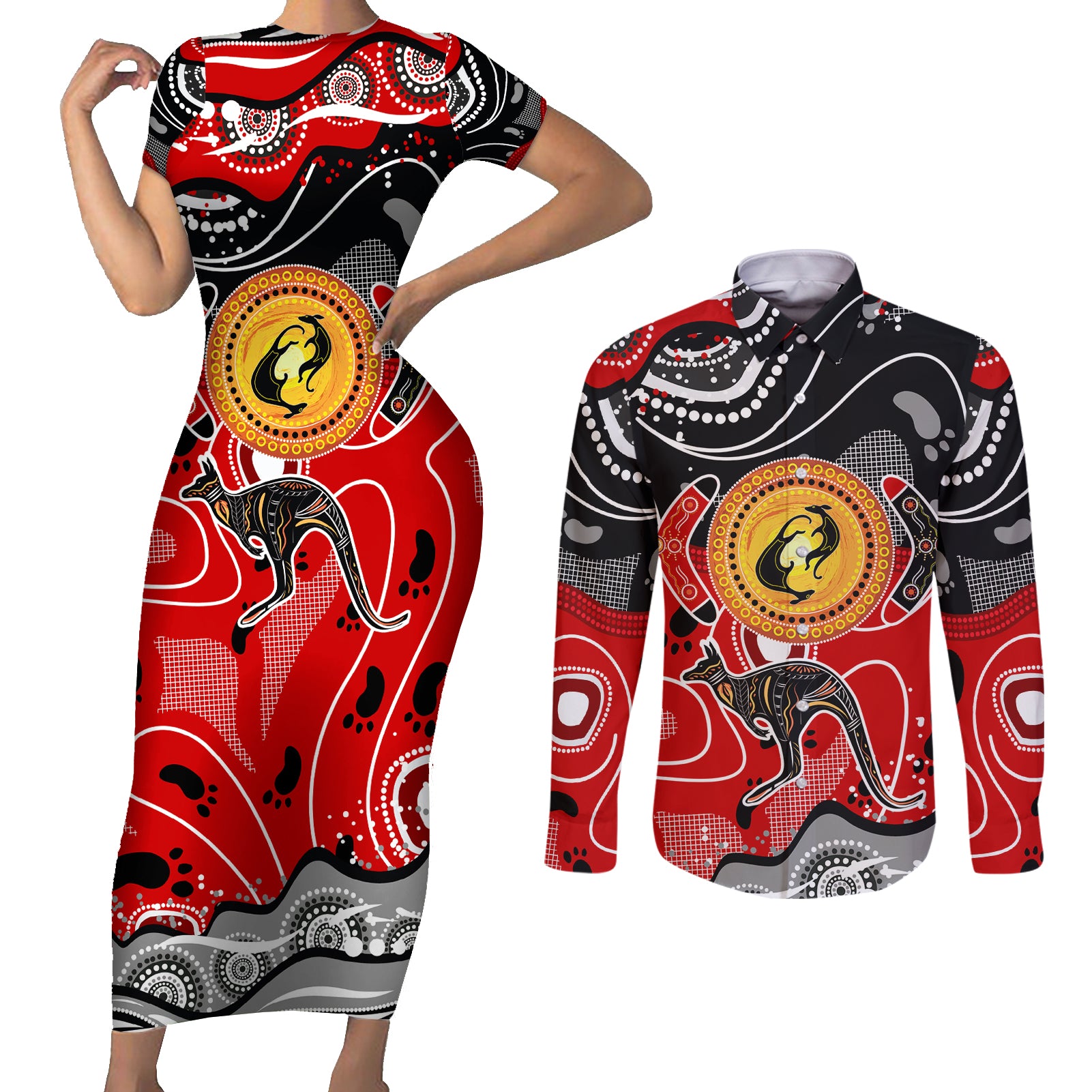 Aboriginal Flag Style Dot Art And Abstract Kangaroo Couples Matching Short Sleeve Bodycon Dress and Long Sleeve Button Shirt - Wonder Print Shop