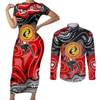 Aboriginal Flag Style Dot Art And Abstract Kangaroo Couples Matching Short Sleeve Bodycon Dress and Long Sleeve Button Shirt - Wonder Print Shop