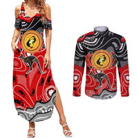 Aboriginal Flag Style Dot Art And Abstract Kangaroo Couples Matching Summer Maxi Dress and Long Sleeve Button Shirt - Wonder Print Shop