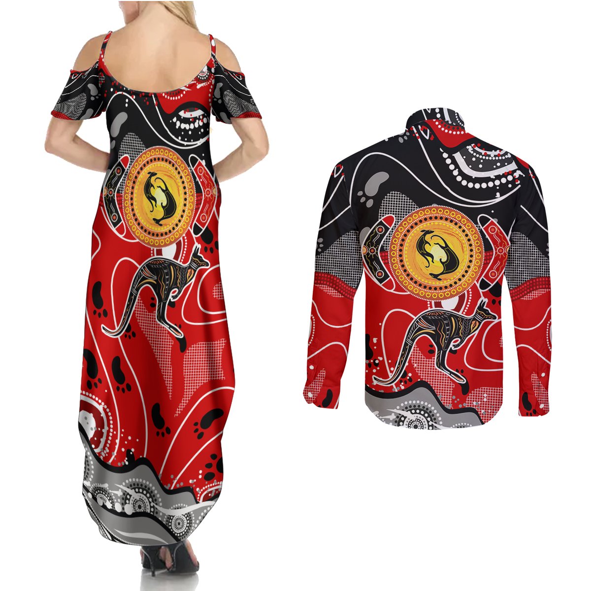 Aboriginal Flag Style Dot Art And Abstract Kangaroo Couples Matching Summer Maxi Dress and Long Sleeve Button Shirt - Wonder Print Shop