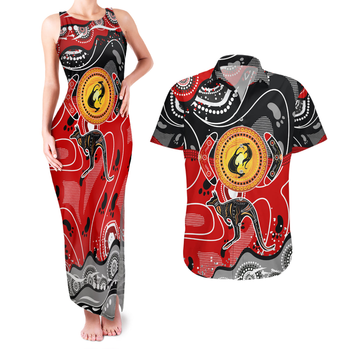 Aboriginal Flag Style Dot Art And Abstract Kangaroo Couples Matching Tank Maxi Dress and Hawaiian Shirt - Wonder Print Shop