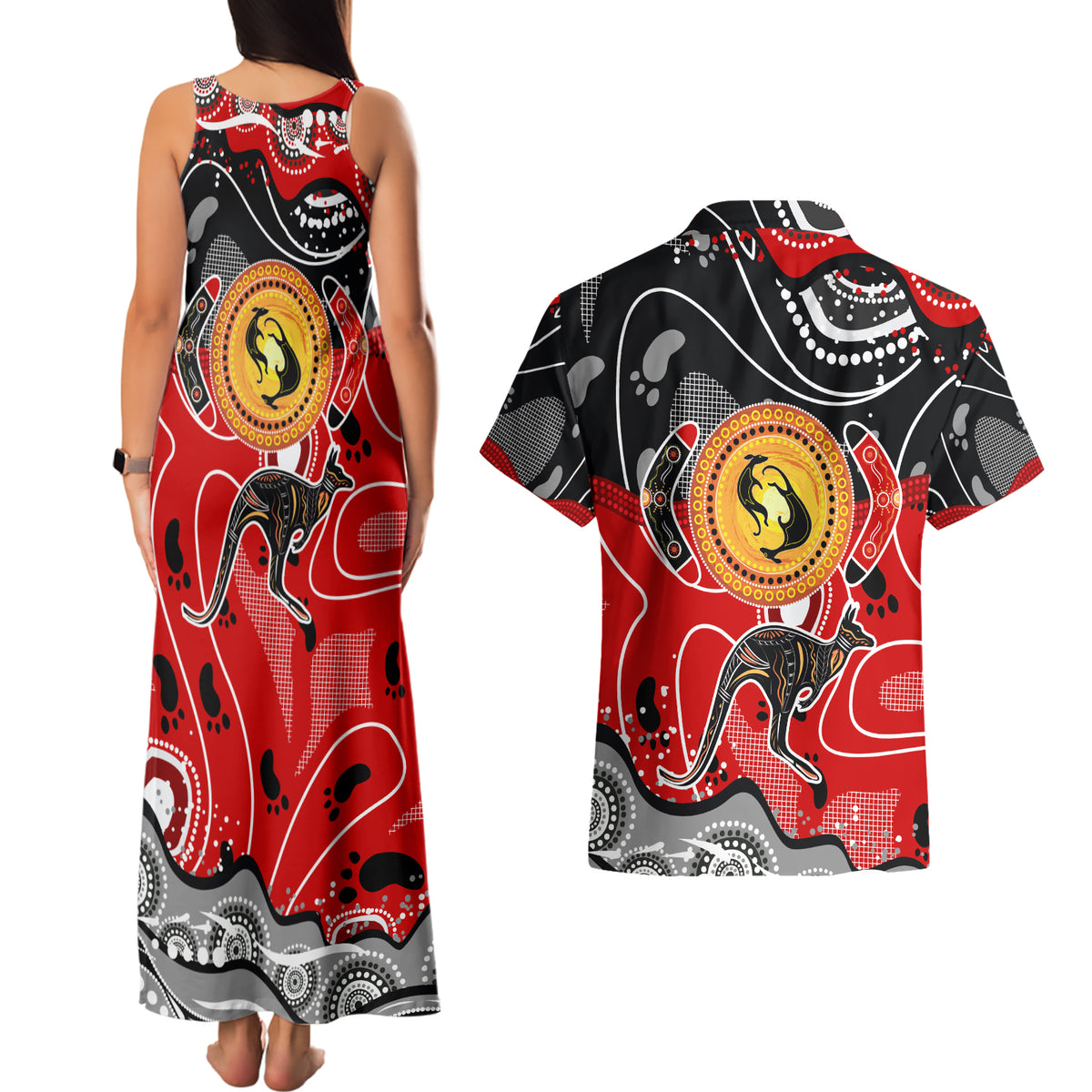 Aboriginal Flag Style Dot Art And Abstract Kangaroo Couples Matching Tank Maxi Dress and Hawaiian Shirt - Wonder Print Shop