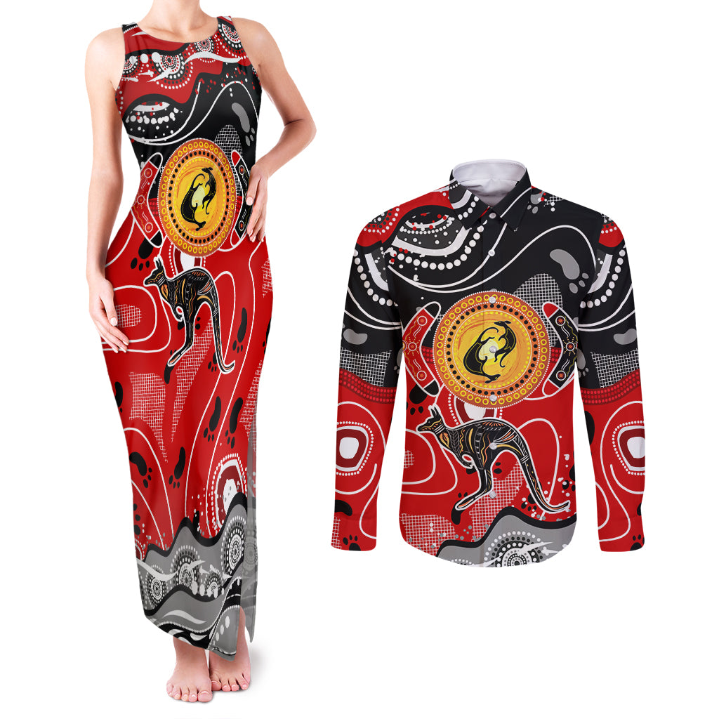 Aboriginal Flag Style Dot Art And Abstract Kangaroo Couples Matching Tank Maxi Dress and Long Sleeve Button Shirt - Wonder Print Shop
