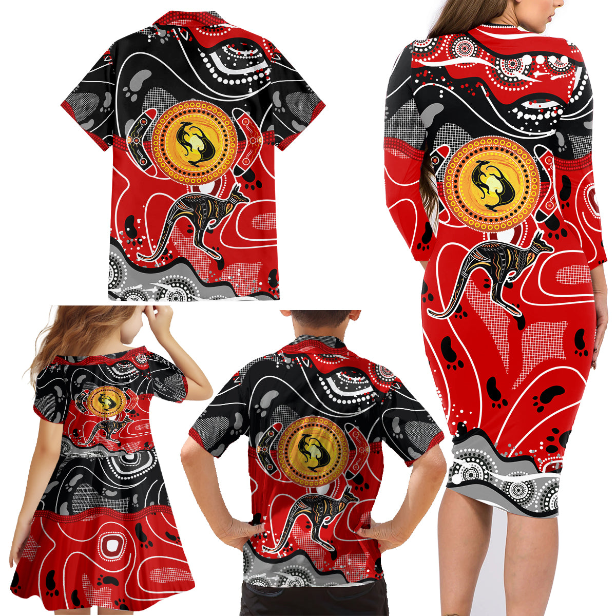 Aboriginal Flag Style Dot Art And Abstract Kangaroo Family Matching Long Sleeve Bodycon Dress and Hawaiian Shirt - Wonder Print Shop