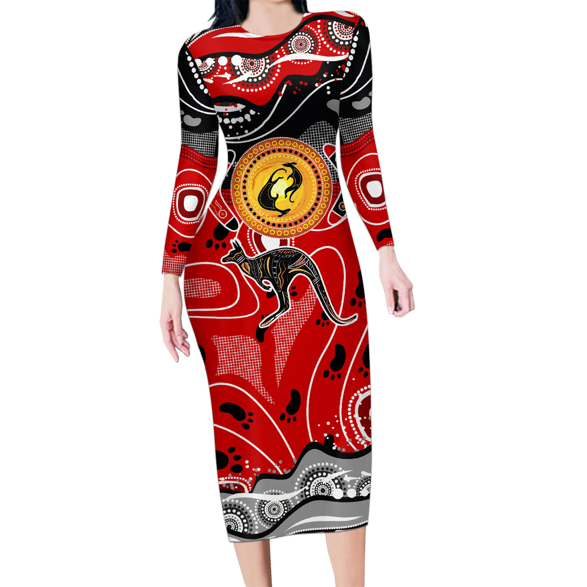 Aboriginal Flag Style Dot Art And Abstract Kangaroo Family Matching Long Sleeve Bodycon Dress and Hawaiian Shirt - Wonder Print Shop