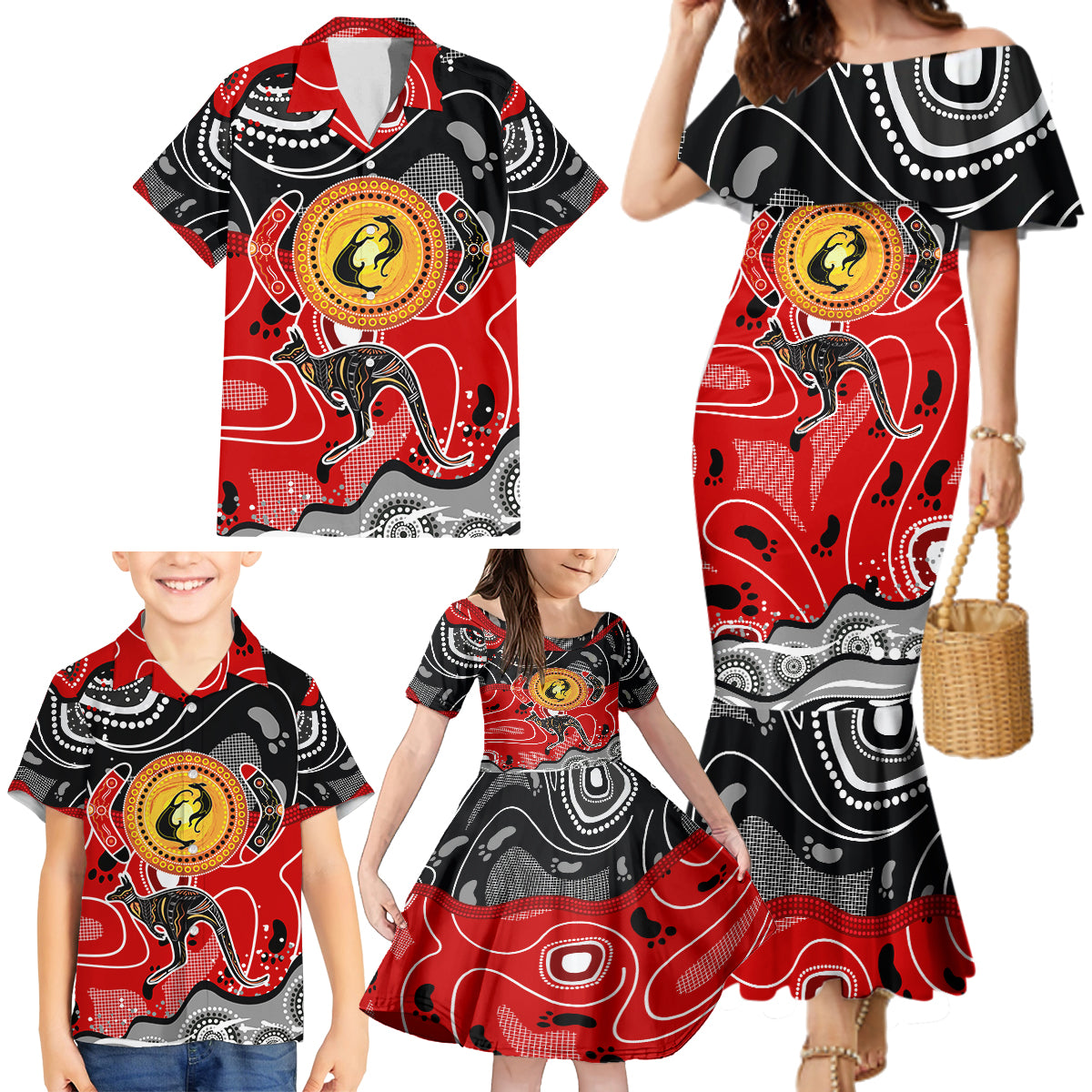 Aboriginal Flag Style Dot Art And Abstract Kangaroo Family Matching Mermaid Dress and Hawaiian Shirt - Wonder Print Shop