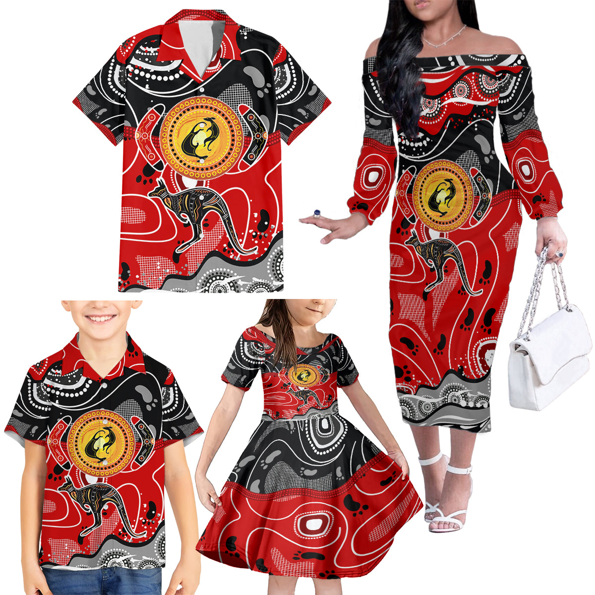 Aboriginal Flag Style Dot Art And Abstract Kangaroo Family Matching Off Shoulder Long Sleeve Dress and Hawaiian Shirt - Wonder Print Shop