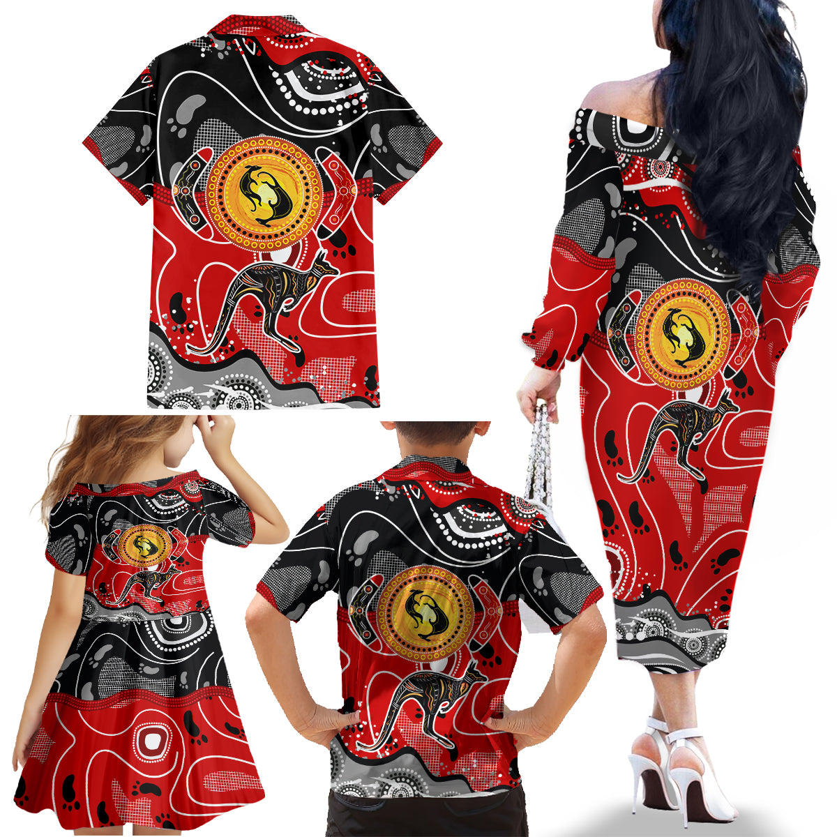Aboriginal Flag Style Dot Art And Abstract Kangaroo Family Matching Off Shoulder Long Sleeve Dress and Hawaiian Shirt - Wonder Print Shop