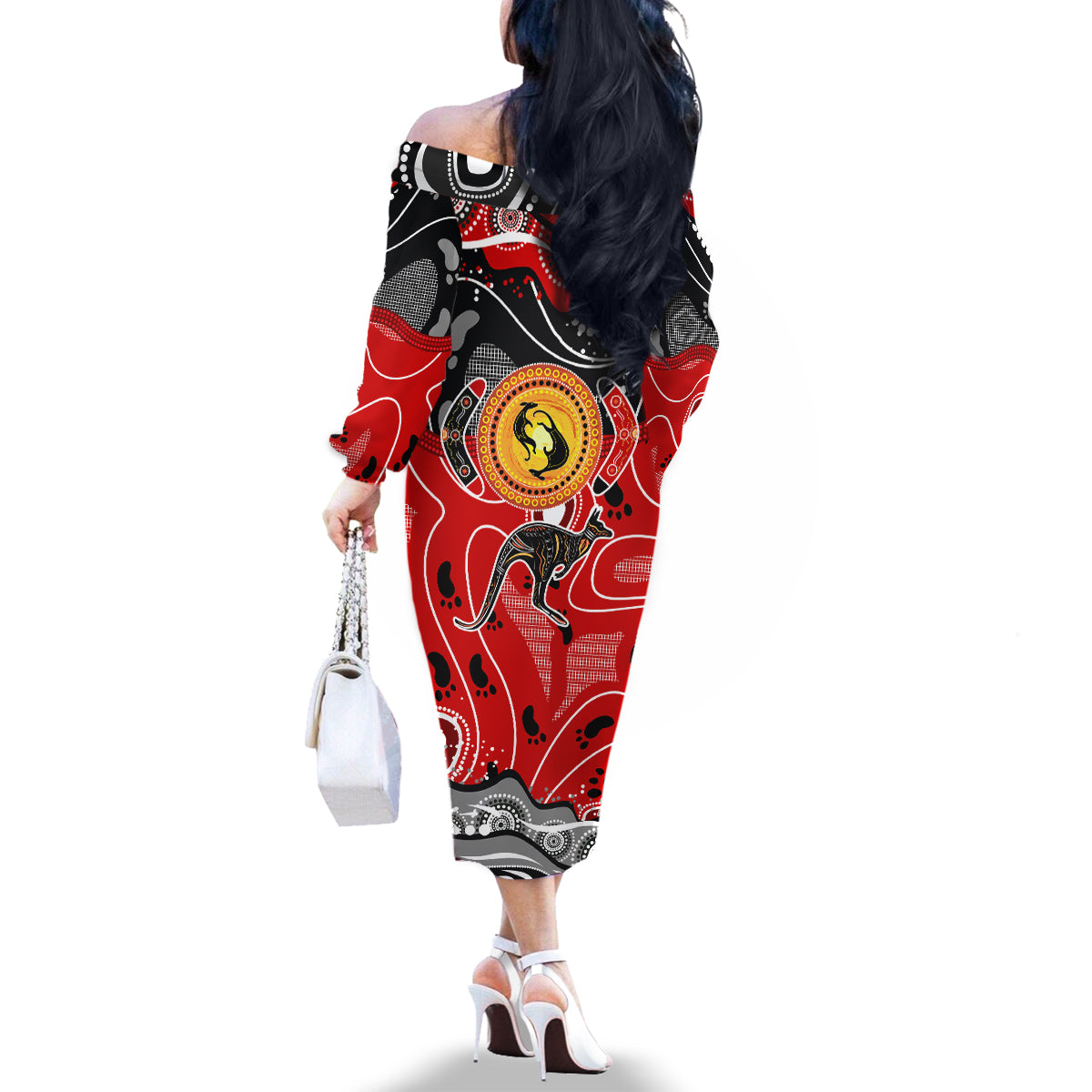 Aboriginal Flag Style Dot Art And Abstract Kangaroo Family Matching Off Shoulder Long Sleeve Dress and Hawaiian Shirt - Wonder Print Shop