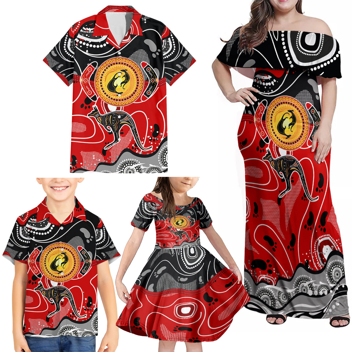 Aboriginal Flag Style Dot Art And Abstract Kangaroo Family Matching Off Shoulder Maxi Dress and Hawaiian Shirt - Wonder Print Shop