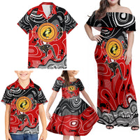 Aboriginal Flag Style Dot Art And Abstract Kangaroo Family Matching Off Shoulder Maxi Dress and Hawaiian Shirt - Wonder Print Shop