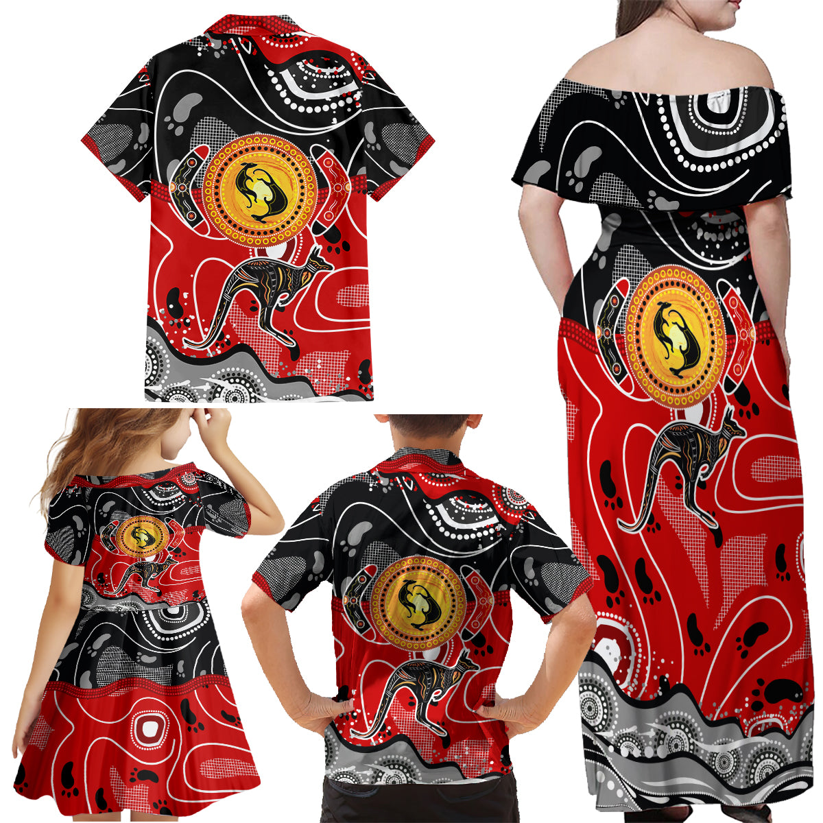 Aboriginal Flag Style Dot Art And Abstract Kangaroo Family Matching Off Shoulder Maxi Dress and Hawaiian Shirt - Wonder Print Shop