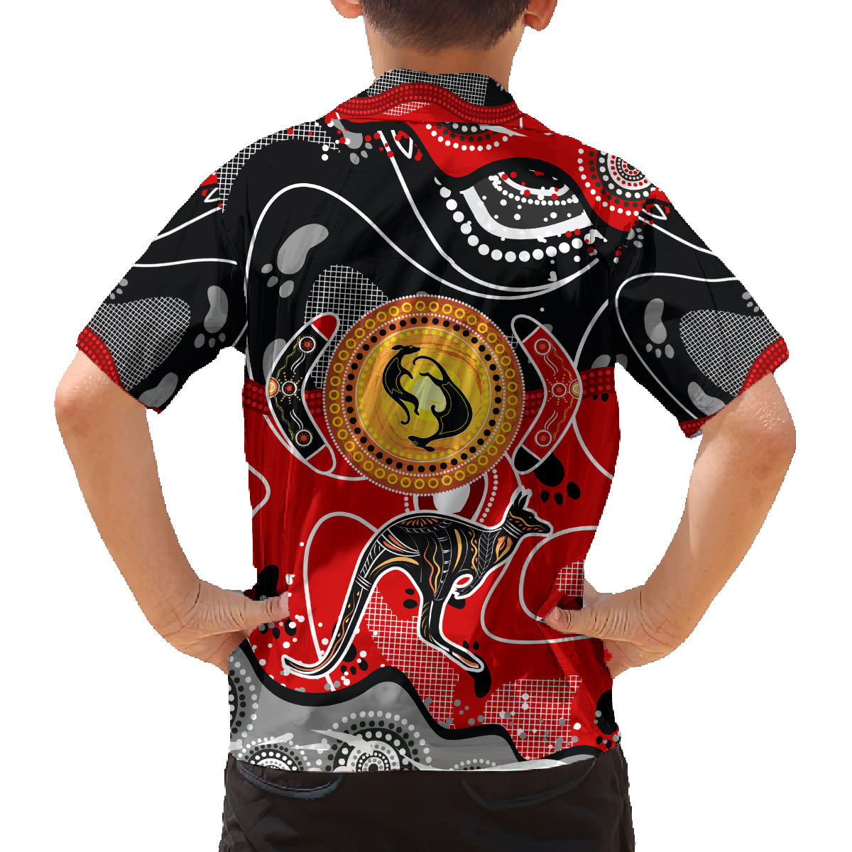 Aboriginal Flag Style Dot Art And Abstract Kangaroo Family Matching Off Shoulder Short Dress and Hawaiian Shirt - Wonder Print Shop