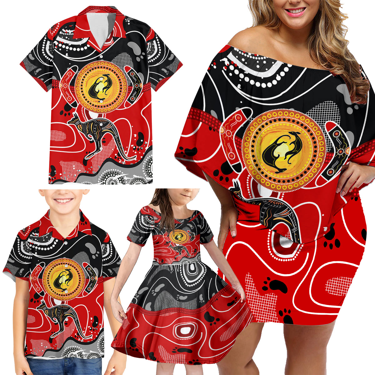 Aboriginal Flag Style Dot Art And Abstract Kangaroo Family Matching Off Shoulder Short Dress and Hawaiian Shirt - Wonder Print Shop