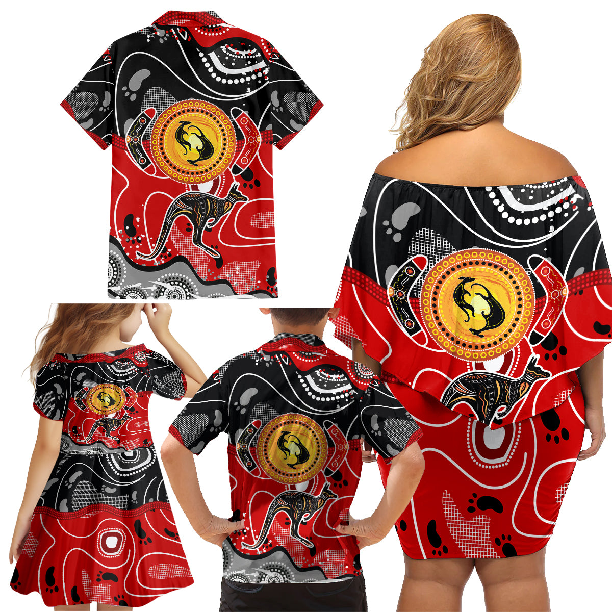 Aboriginal Flag Style Dot Art And Abstract Kangaroo Family Matching Off Shoulder Short Dress and Hawaiian Shirt - Wonder Print Shop