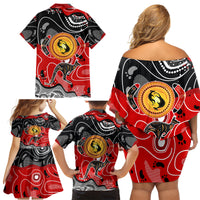 Aboriginal Flag Style Dot Art And Abstract Kangaroo Family Matching Off Shoulder Short Dress and Hawaiian Shirt - Wonder Print Shop