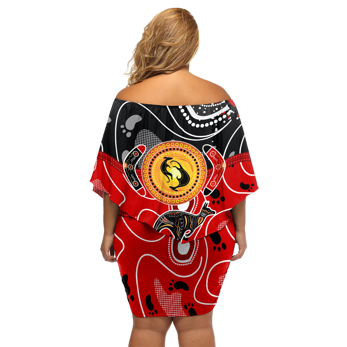 Aboriginal Flag Style Dot Art And Abstract Kangaroo Family Matching Off Shoulder Short Dress and Hawaiian Shirt - Wonder Print Shop