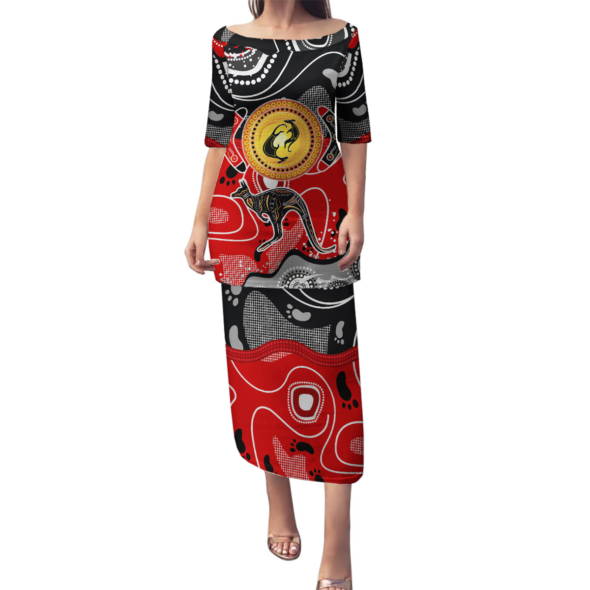 Aboriginal Flag Style Dot Art And Abstract Kangaroo Family Matching Puletasi and Hawaiian Shirt - Wonder Print Shop