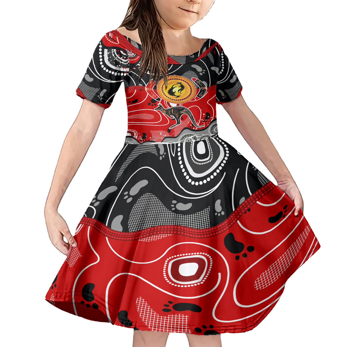 Aboriginal Flag Style Dot Art And Abstract Kangaroo Family Matching Short Sleeve Bodycon Dress and Hawaiian Shirt - Wonder Print Shop