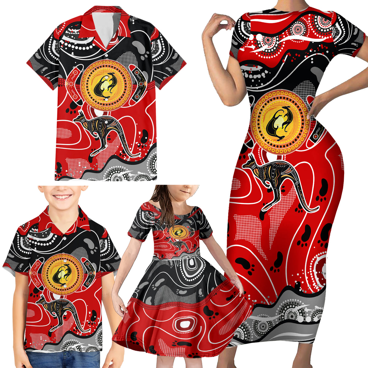 Aboriginal Flag Style Dot Art And Abstract Kangaroo Family Matching Short Sleeve Bodycon Dress and Hawaiian Shirt - Wonder Print Shop