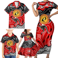 Aboriginal Flag Style Dot Art And Abstract Kangaroo Family Matching Short Sleeve Bodycon Dress and Hawaiian Shirt - Wonder Print Shop
