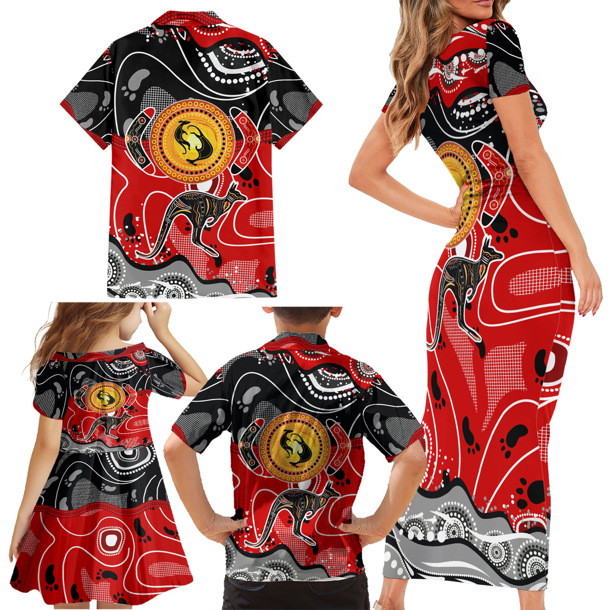 Aboriginal Flag Style Dot Art And Abstract Kangaroo Family Matching Short Sleeve Bodycon Dress and Hawaiian Shirt - Wonder Print Shop