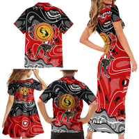 Aboriginal Flag Style Dot Art And Abstract Kangaroo Family Matching Short Sleeve Bodycon Dress and Hawaiian Shirt - Wonder Print Shop