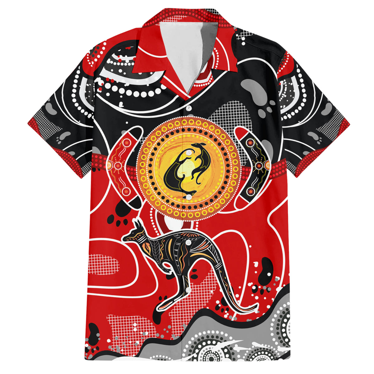 Aboriginal Flag Style Dot Art And Abstract Kangaroo Family Matching Short Sleeve Bodycon Dress and Hawaiian Shirt - Wonder Print Shop