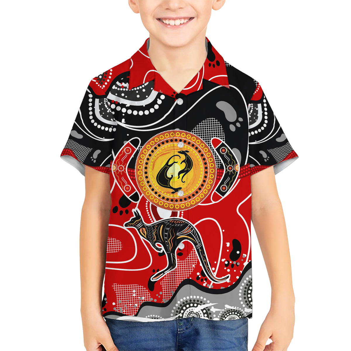 Aboriginal Flag Style Dot Art And Abstract Kangaroo Family Matching Short Sleeve Bodycon Dress and Hawaiian Shirt - Wonder Print Shop