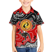 Aboriginal Flag Style Dot Art And Abstract Kangaroo Family Matching Short Sleeve Bodycon Dress and Hawaiian Shirt - Wonder Print Shop