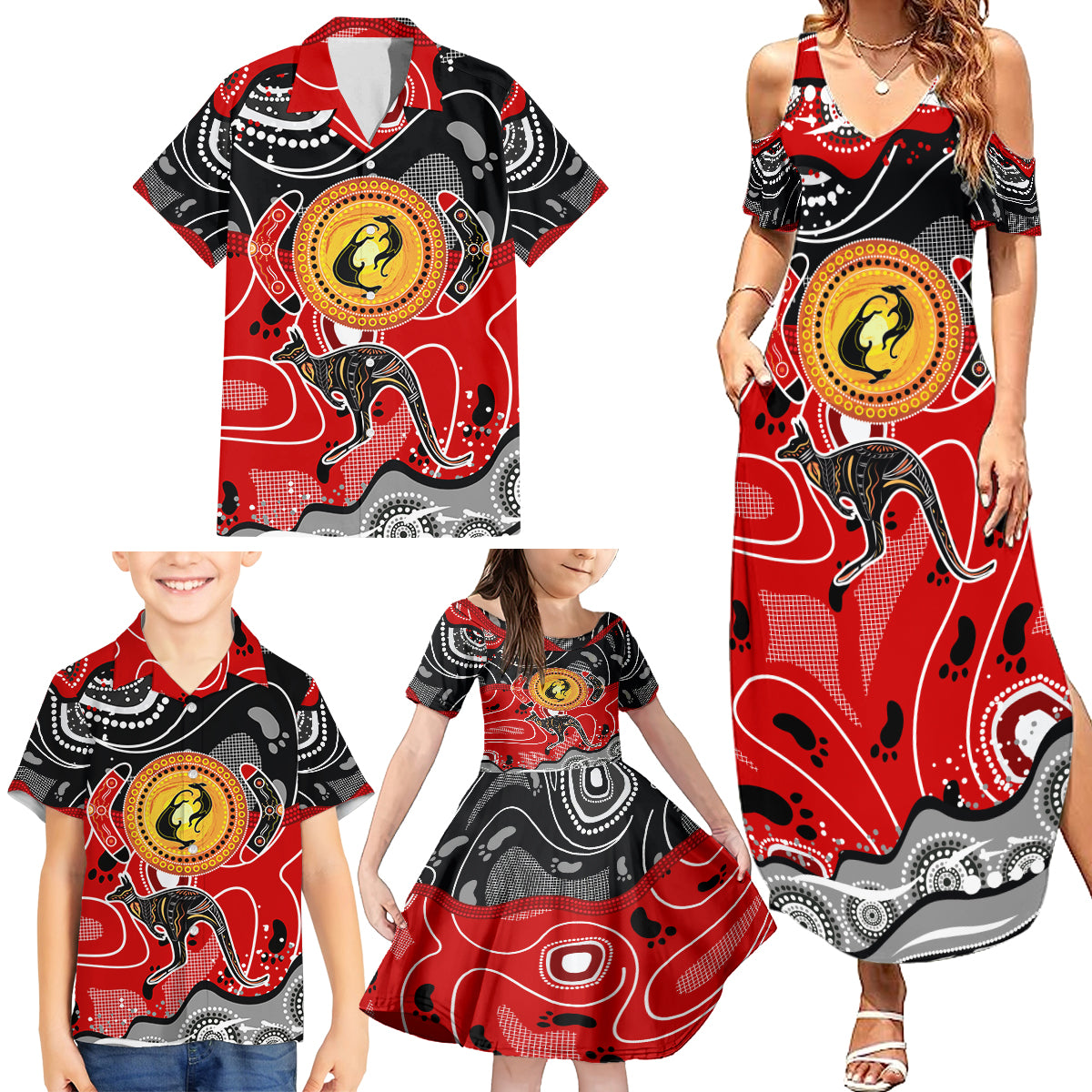 Aboriginal Flag Style Dot Art And Abstract Kangaroo Family Matching Summer Maxi Dress and Hawaiian Shirt - Wonder Print Shop