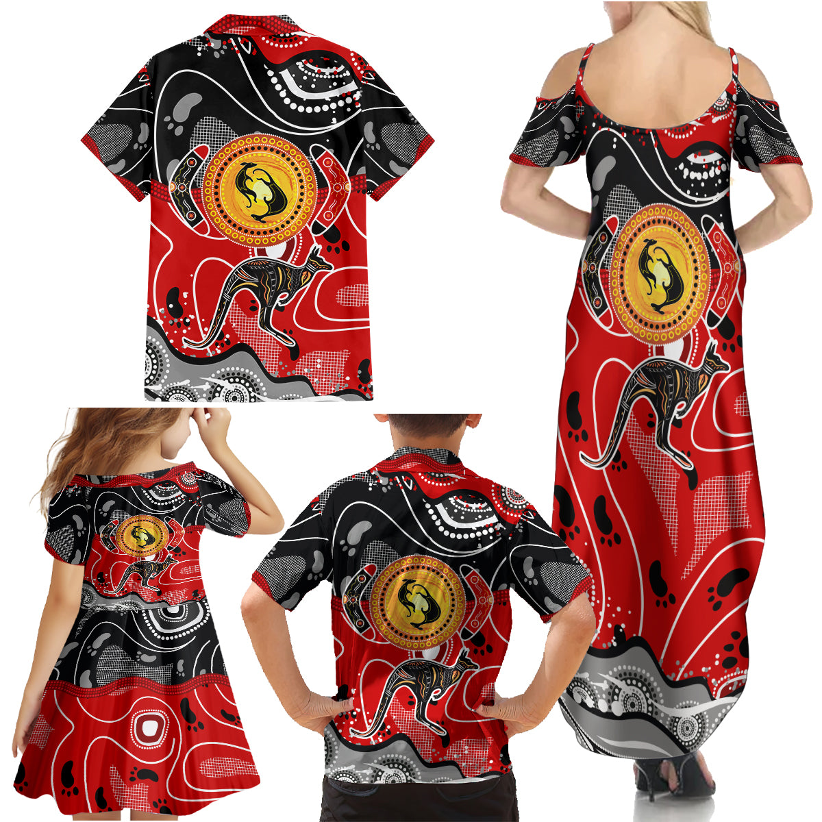 Aboriginal Flag Style Dot Art And Abstract Kangaroo Family Matching Summer Maxi Dress and Hawaiian Shirt - Wonder Print Shop