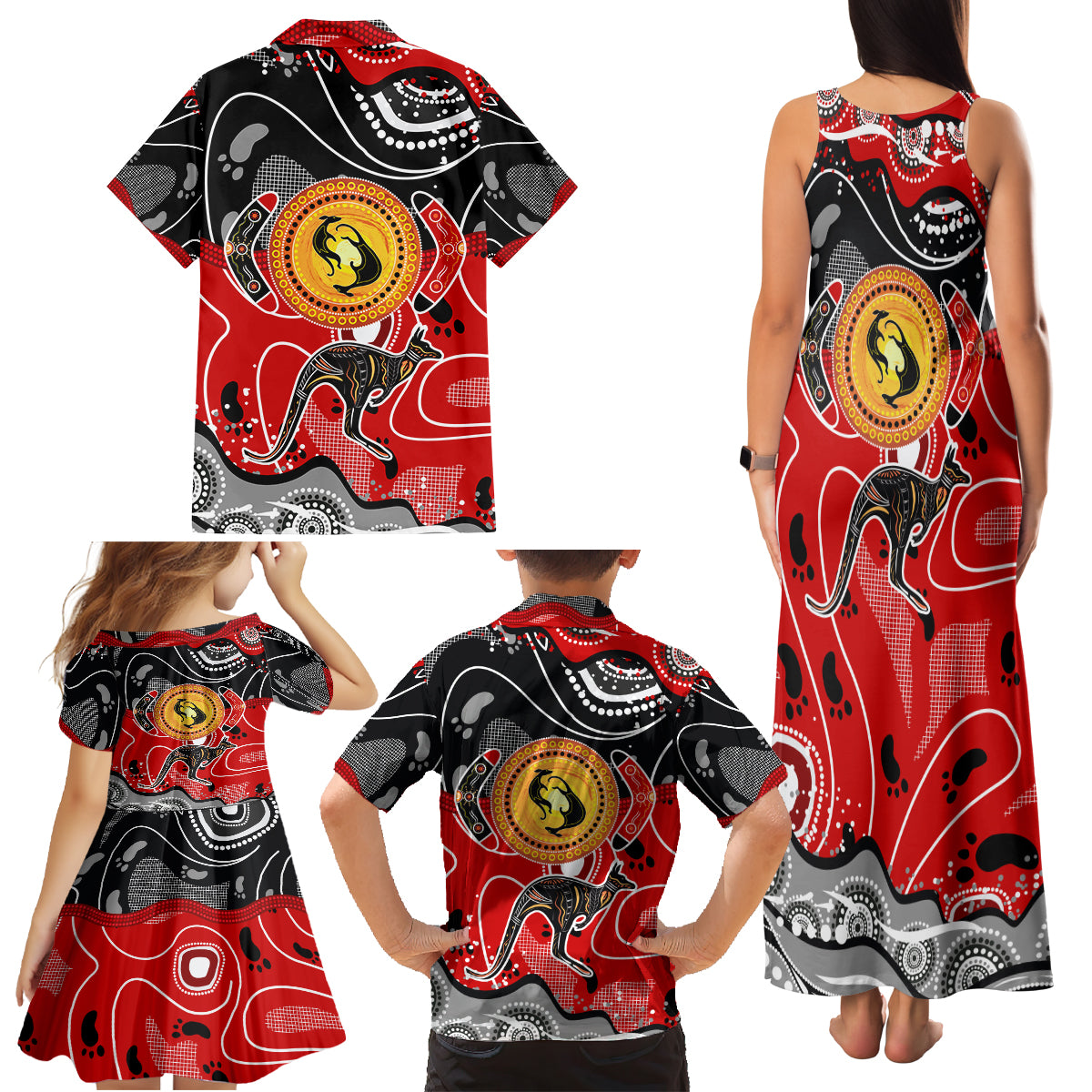 Aboriginal Flag Style Dot Art And Abstract Kangaroo Family Matching Tank Maxi Dress and Hawaiian Shirt - Wonder Print Shop