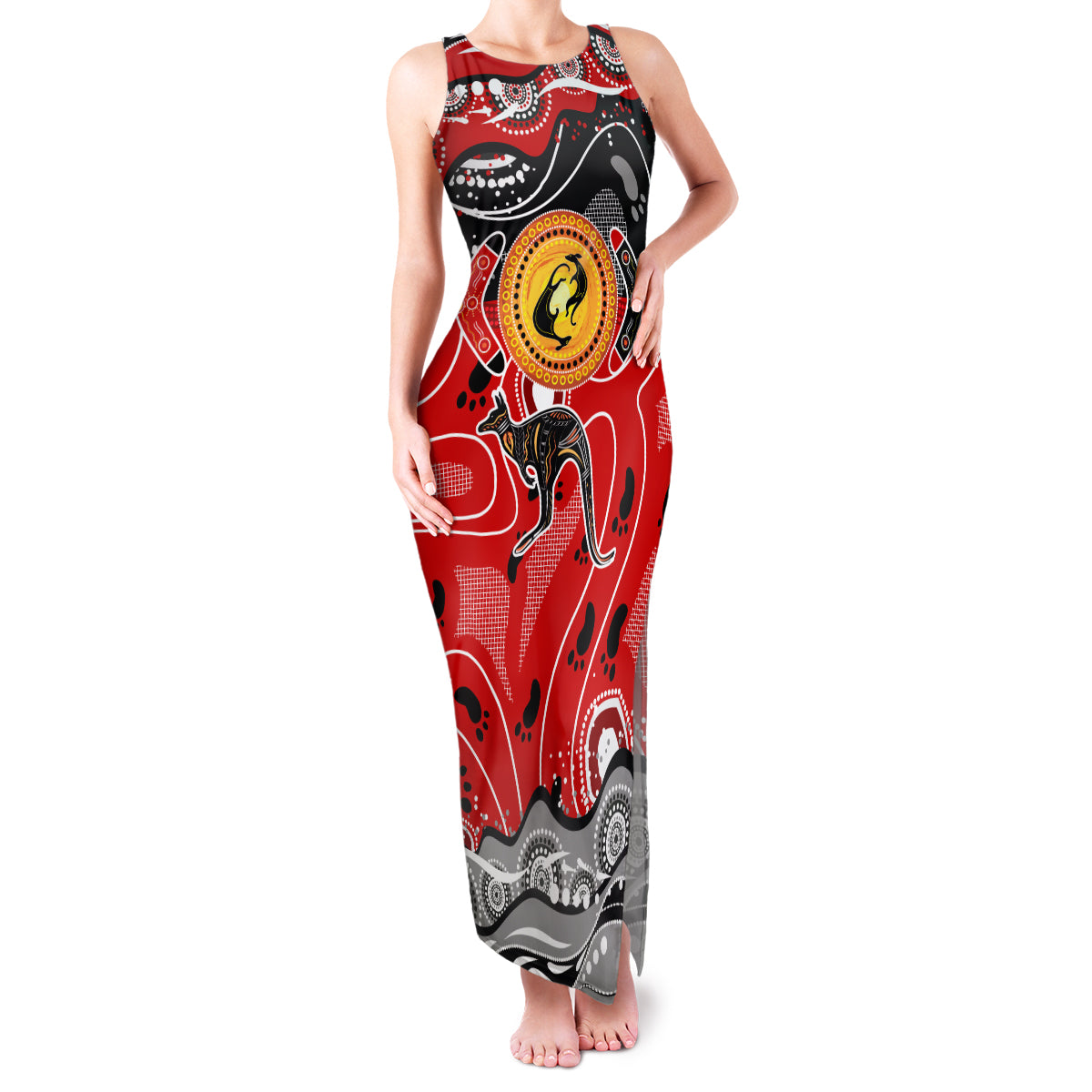Aboriginal Flag Style Dot Art And Abstract Kangaroo Family Matching Tank Maxi Dress and Hawaiian Shirt - Wonder Print Shop