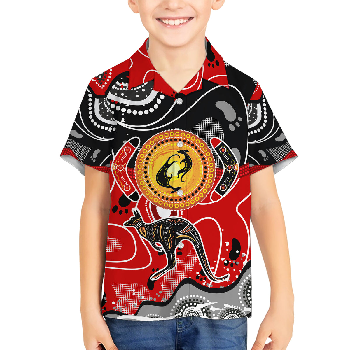Aboriginal Flag Style Dot Art And Abstract Kangaroo Hawaiian Shirt - Wonder Print Shop