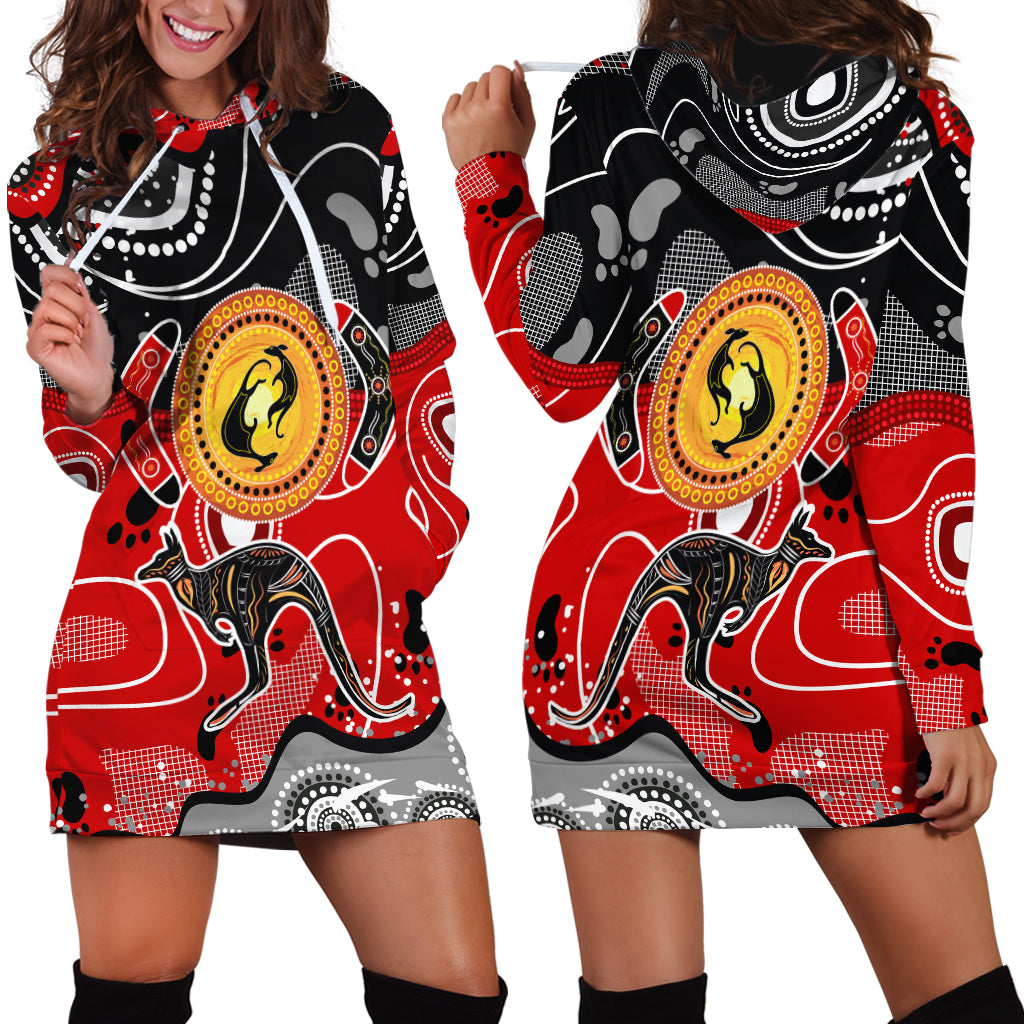 Aboriginal Flag Style Dot Art And Abstract Kangaroo Hoodie Dress - Wonder Print Shop