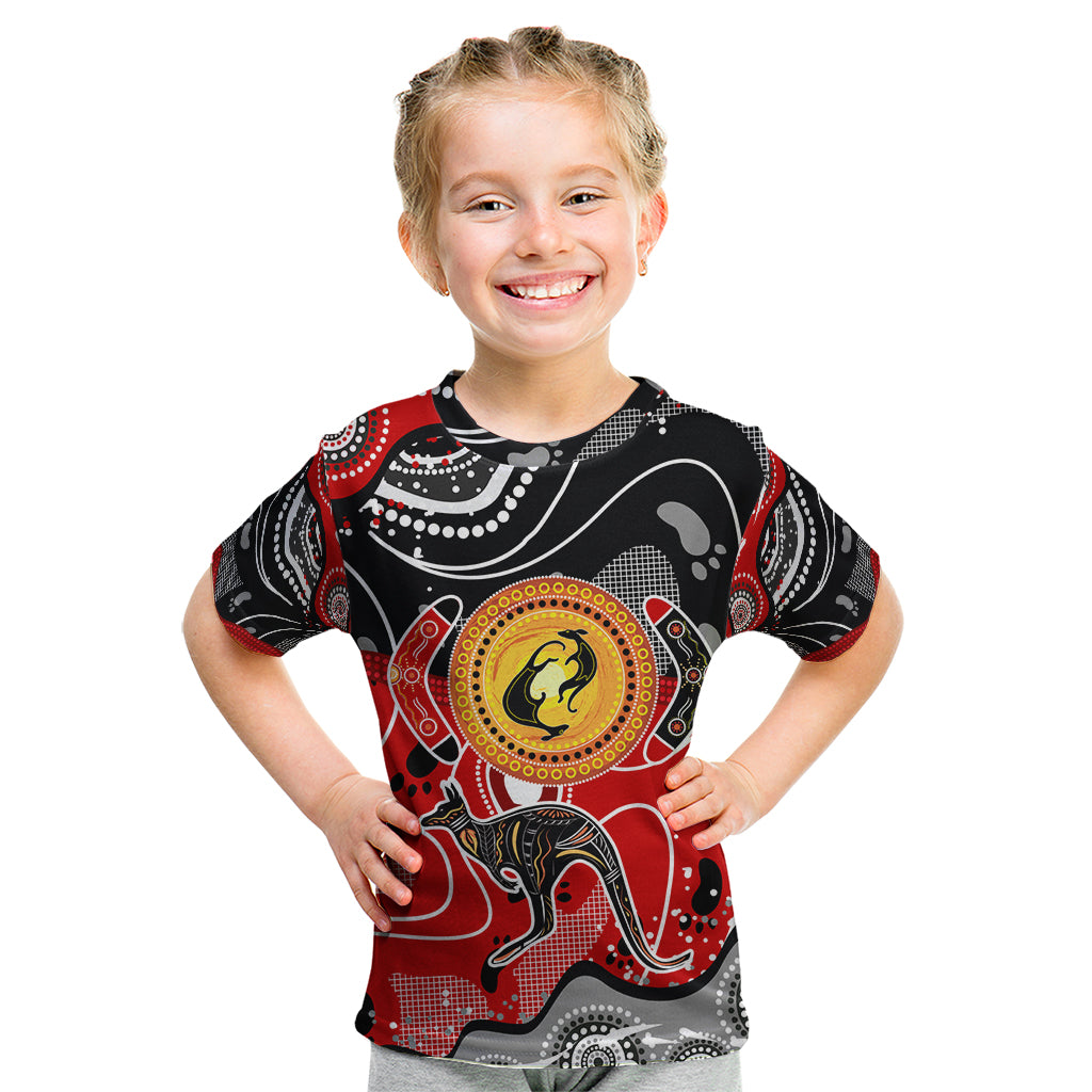 Aboriginal Flag Style Dot Art And Abstract Kangaroo Kid T Shirt - Wonder Print Shop