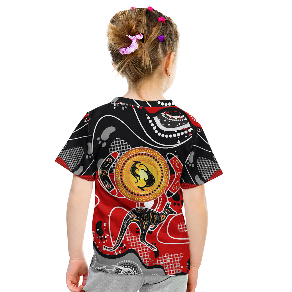 Aboriginal Flag Style Dot Art And Abstract Kangaroo Kid T Shirt - Wonder Print Shop