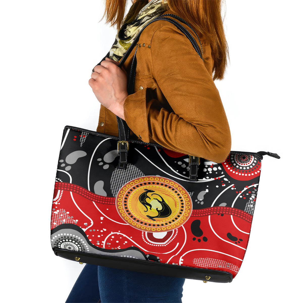Aboriginal Flag Style Dot Art And Abstract Kangaroo Leather Tote Bag - Wonder Print Shop