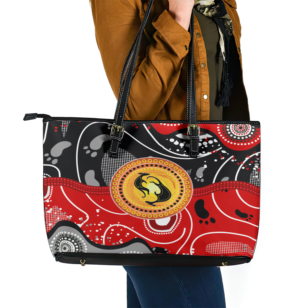 Aboriginal Flag Style Dot Art And Abstract Kangaroo Leather Tote Bag - Wonder Print Shop