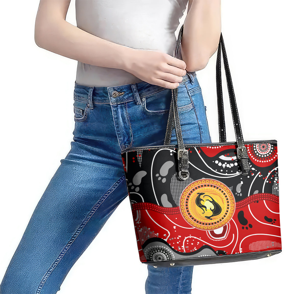 Aboriginal Flag Style Dot Art And Abstract Kangaroo Leather Tote Bag - Wonder Print Shop